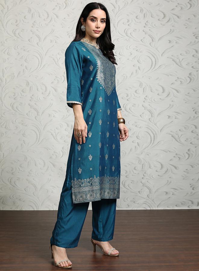 فيشود طقم كورتا نسائي أزرق مطبوع بالفسكوز مع دوباتا من ستايلي - Image 4