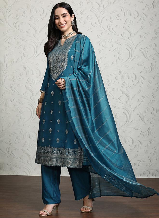 فيشود طقم كورتا نسائي أزرق مطبوع بالفسكوز مع دوباتا من ستايلي - Image 2