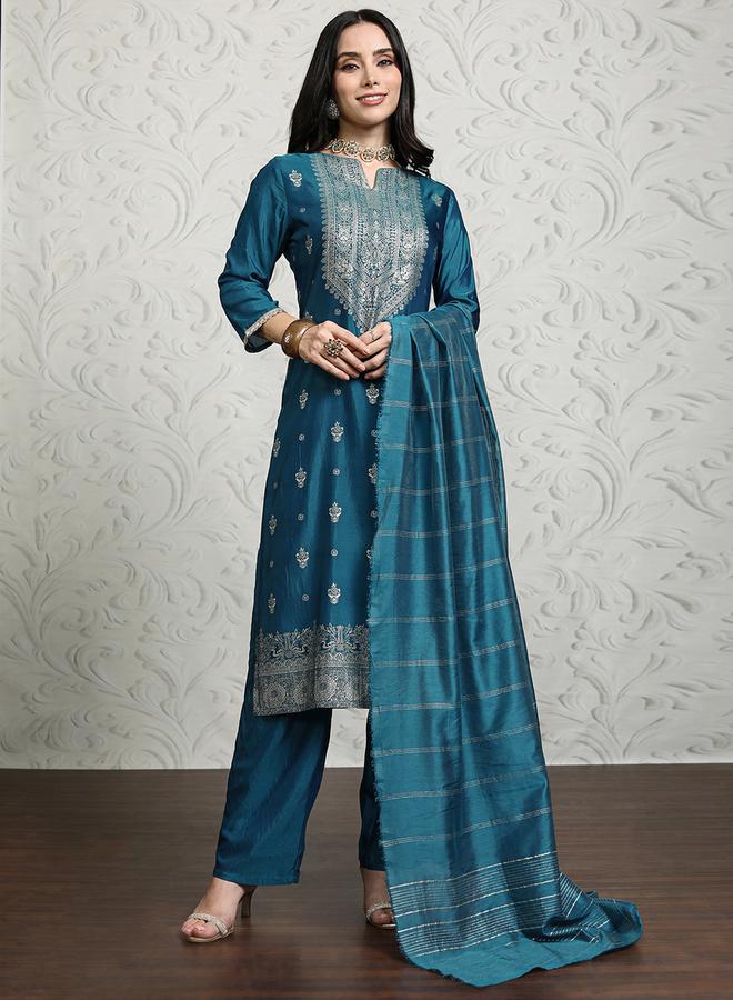 فيشود طقم كورتا نسائي أزرق مطبوع بالفسكوز مع دوباتا من ستايلي - Image 1