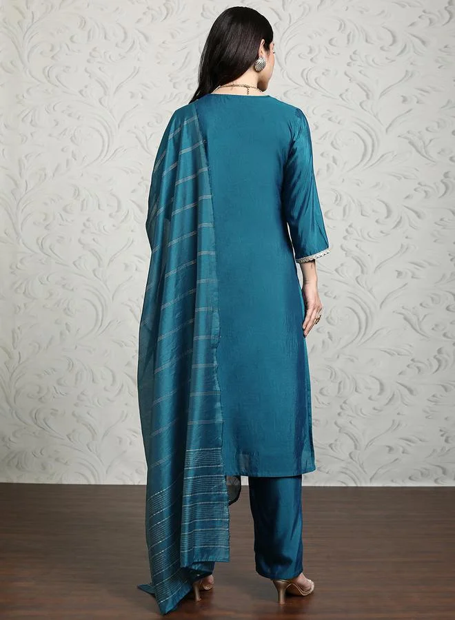 Vishudh Vishudh Women Blue Printed Viscose Kurta Set with Dupatta