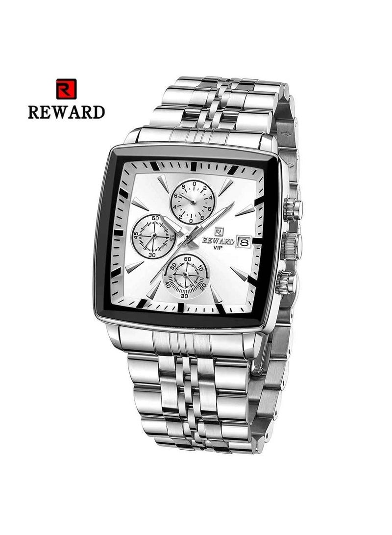 REWARD Quartz Mens Watch, Waterproof Luminous Sport Watch, Comfortable Stainless Steel Chronograph Wristwatch, Lightweight And Durable Business Watch, (1pc, Silver) - Image 1
