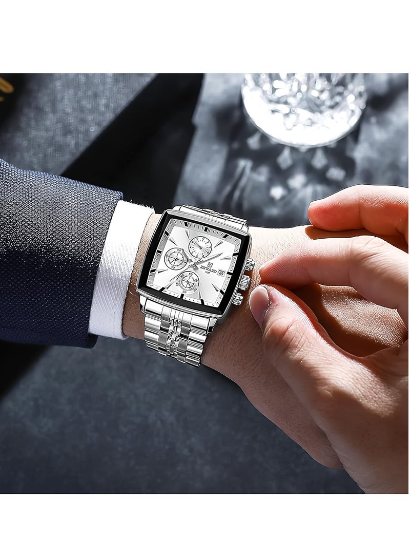 REWARD Quartz Mens Watch, Waterproof Luminous Sport Watch, Comfortable Stainless Steel Chronograph Wristwatch, Lightweight And Durable Business Watch, (1pc, Silver) - Image 3