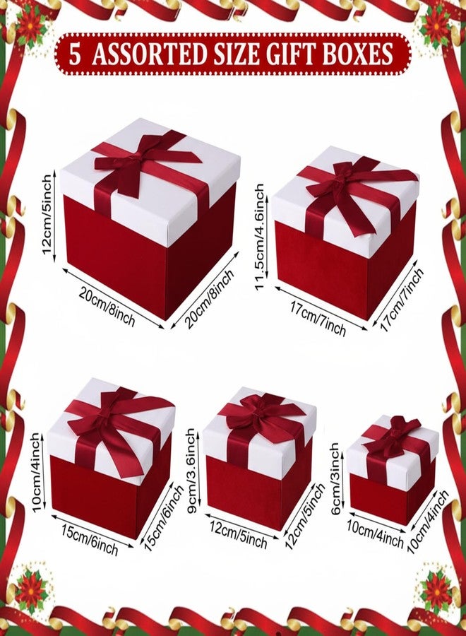 Tenceur 5 Pcs Christmas Gift Boxes Red Assorted Gift Square Boxes with Lids Velvet Gifts Box Birthday Gifts Box with Ribbon for Festival Christmas Birthday Weddings(Red - Image 2