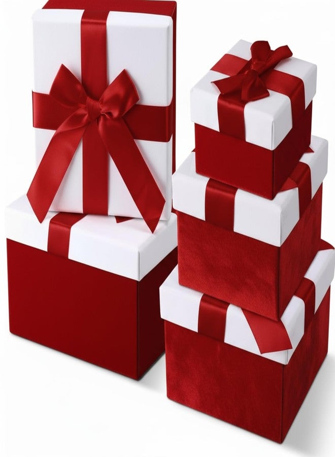 Tenceur 5 Pcs Christmas Gift Boxes Red Assorted Gift Square Boxes with Lids Velvet Gifts Box Birthday Gifts Box with Ribbon for Festival Christmas Birthday Weddings(Red - Image 1