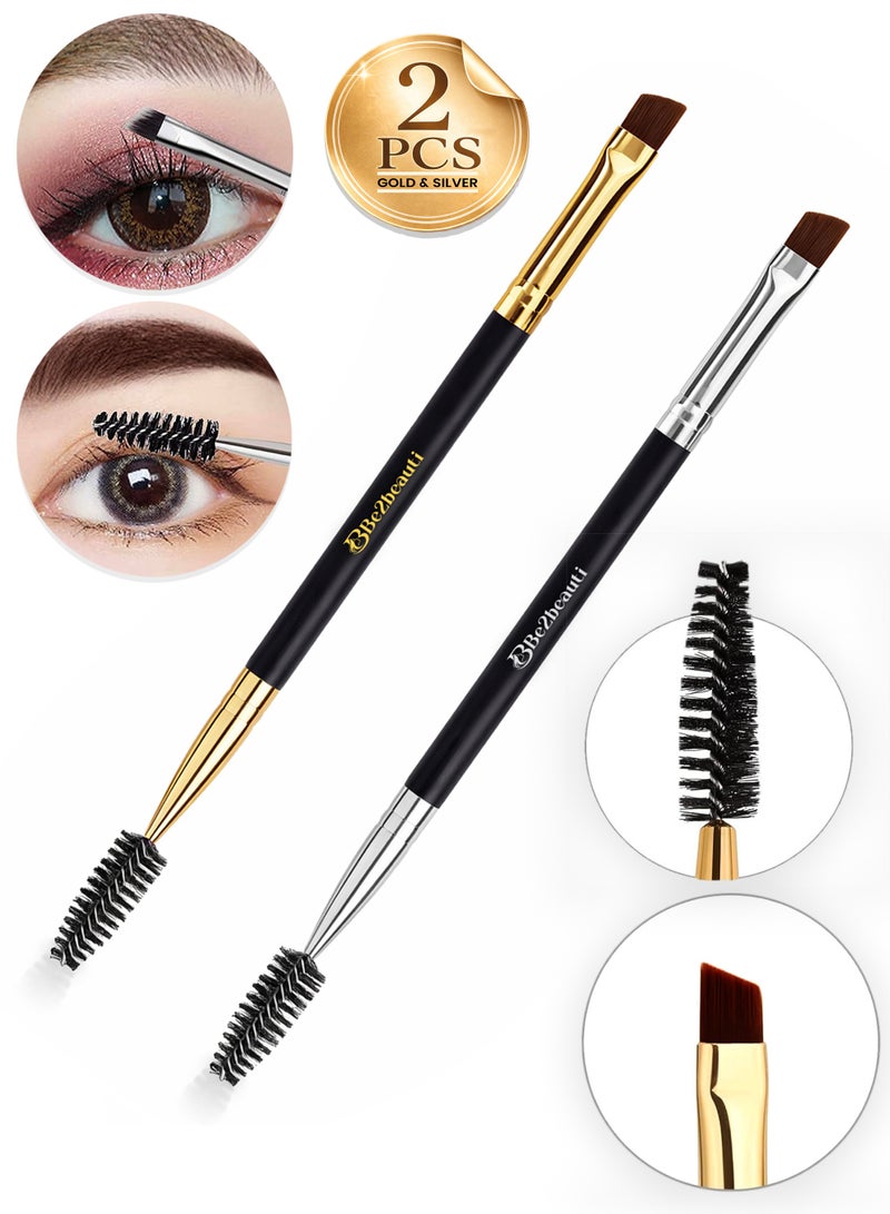 Be2beauti Duo Eyebrow Brush 2 Pcs, Angled Eyeliner and Brow Brush with Spoolie, Professional Eyelash Comb Eyebrow Brush Tool for Pomade, Gel and Soap (Gold & Silver) - Image 1