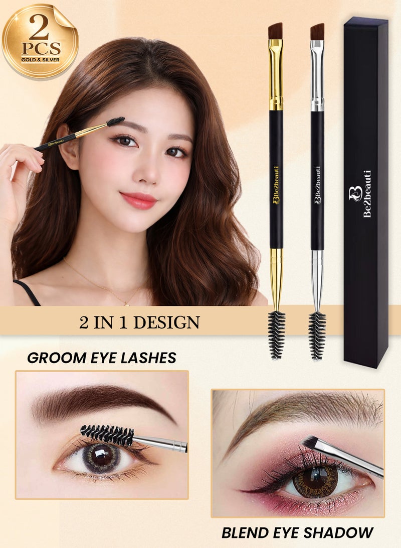 Be2beauti Duo Eyebrow Brush 2 Pcs, Angled Eyeliner and Brow Brush with Spoolie, Professional Eyelash Comb Eyebrow Brush Tool for Pomade, Gel and Soap (Gold & Silver) - Image 2