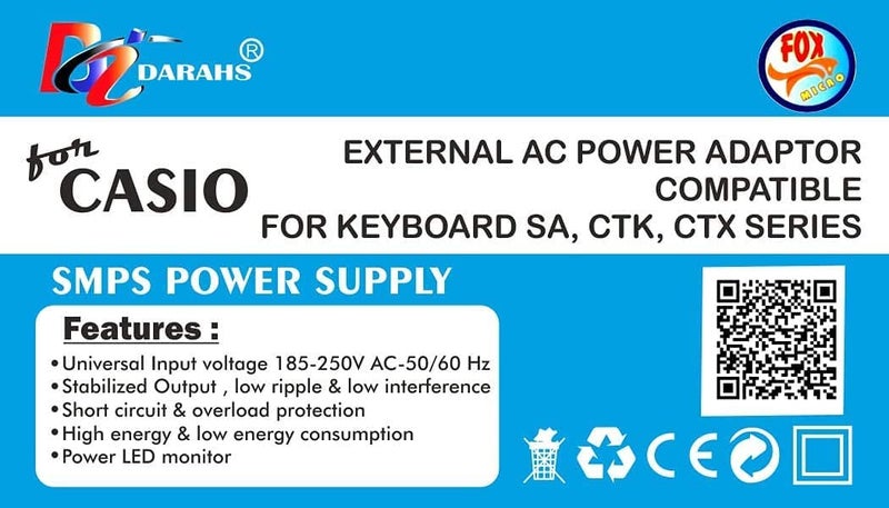 Foxmicro محول طاقة متوافق مع لوحة مفاتيح كاسيو CTK-240، CTK-245، CTK-1100، CTK-1150، CTK-1200، LK-165، LK-240، LK-247، LK-280، SA-46، SA-47، SA-76، SA-77، SA-78، WK-220 - Image 2