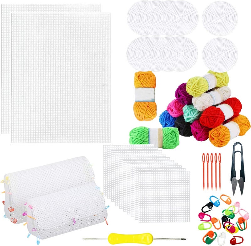 Allazone 57 PCS Mesh Plastic Canvas Sheets Kit Including 24 PCS Plastic Canvas, 12 Color Acrylic Yarn for DIY Crafts Embroidery Cross Stitch, Acrylic Yarn Crafting, Knit and Crochet Projects - Image 1