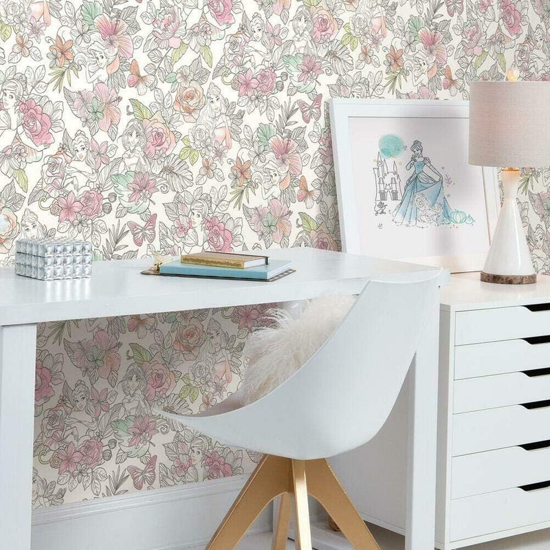ARS Pink Disney Princess Royal Floral Peel and Stick Wallpaper, Self-Adhesive Wallpaper, Home Bedroom And Living Room Decoration, Waterproof Wallpaper, 3D Visual Black Gold Line Wallpaper - Image 1