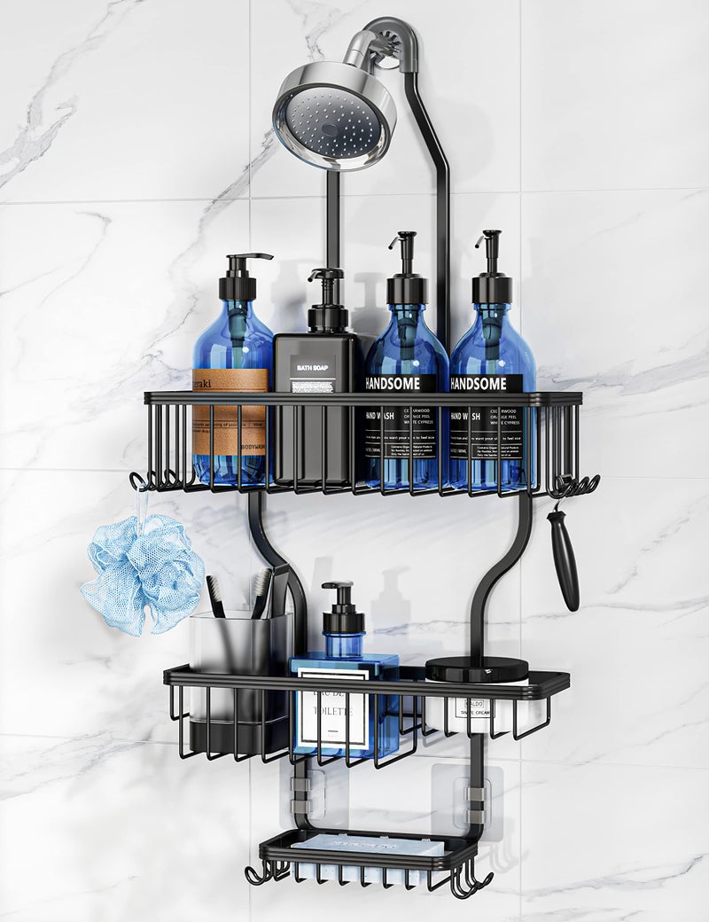 YASONIC Shower Caddy Over Shower Head Never Rust Aluminum Large Hanging Shower Caddy with 10 Hooks for Razor/Sponge - Over The Shower Head Caddy with Soap Basket - Hanging Shower Organizer Black - Image 1