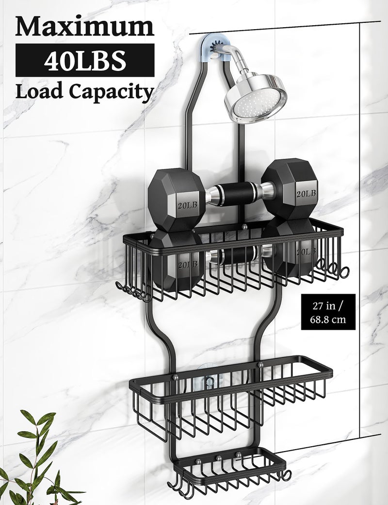 YASONIC Shower Caddy Over Shower Head Never Rust Aluminum Large Hanging Shower Caddy with 10 Hooks for Razor/Sponge - Over The Shower Head Caddy with Soap Basket - Hanging Shower Organizer Black - Image 4