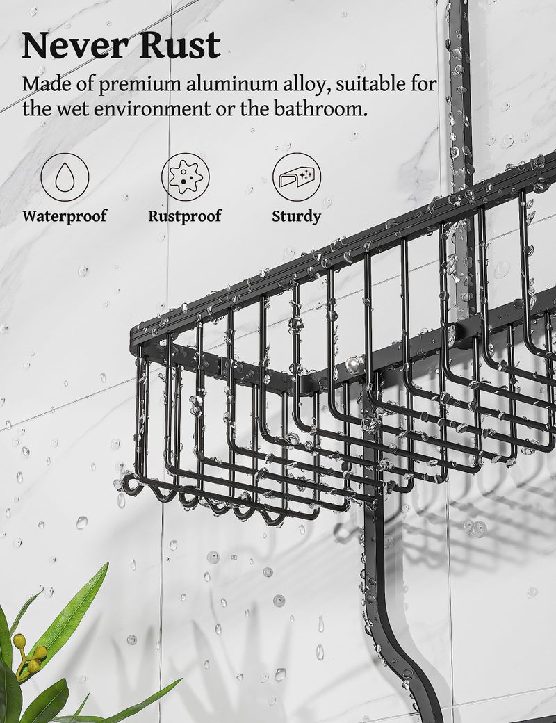YASONIC Shower Caddy Over Shower Head Never Rust Aluminum Large Hanging Shower Caddy with 10 Hooks for Razor/Sponge - Over The Shower Head Caddy with Soap Basket - Hanging Shower Organizer Black - Image 3