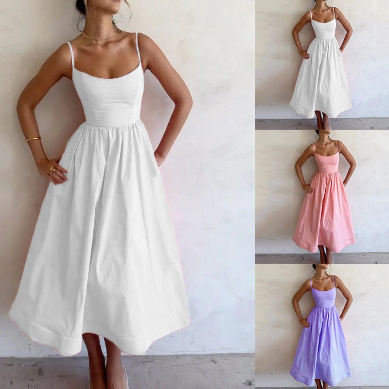 Women'S Clothing Spring Dopamine New Slip Skirt Solid Color High Waist Large Swing Dress - Image 2