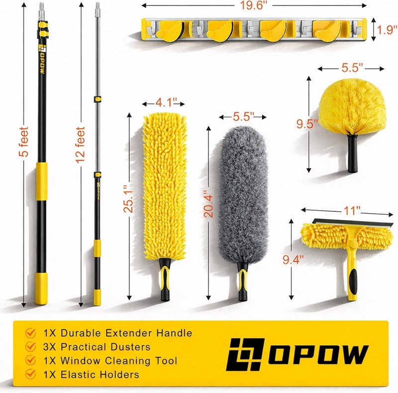 Opow 20 Foot High Ceiling Duster Kits with 5-12ft Heavy Duty Extension Pole, High Reach Duster for Cleaning,Microfiber Feather Duster,Cobweb Duster,Ceiling Fan Duster,Window Squeegee & Cleaner - Image 2