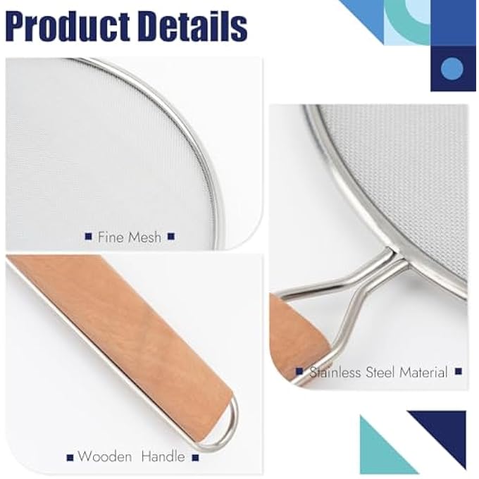 كاست ويف شاشة رذاذ لمقلاة القلي 8 بوصة واقي من تناثر الشحوم من الفولاذ المقاوم للصدأ بمقبض خشبي وشبكة دقيقة من الفولاذ المقاوم للصدأ وواقي من رش الزيت الساخن لمستلزمات الطبخ في المطبخ - Image 5