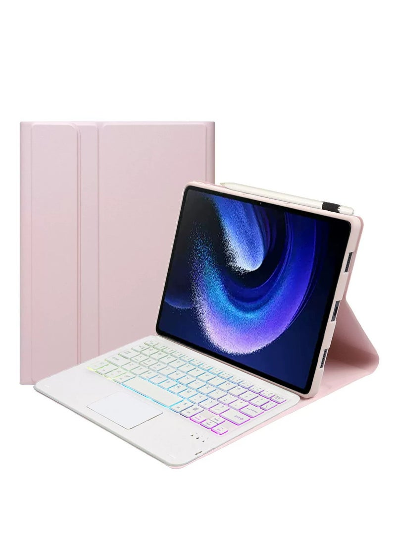 حافظة لوحة مفاتيح ثنائية اللغة لجهاز Xiaomi 6/6 Pro 11 بوصة 2023، لوحة تتبع متعددة اللمس بإضاءة خلفية، حافظة حامل قلاب مع حامل قلم رصاص