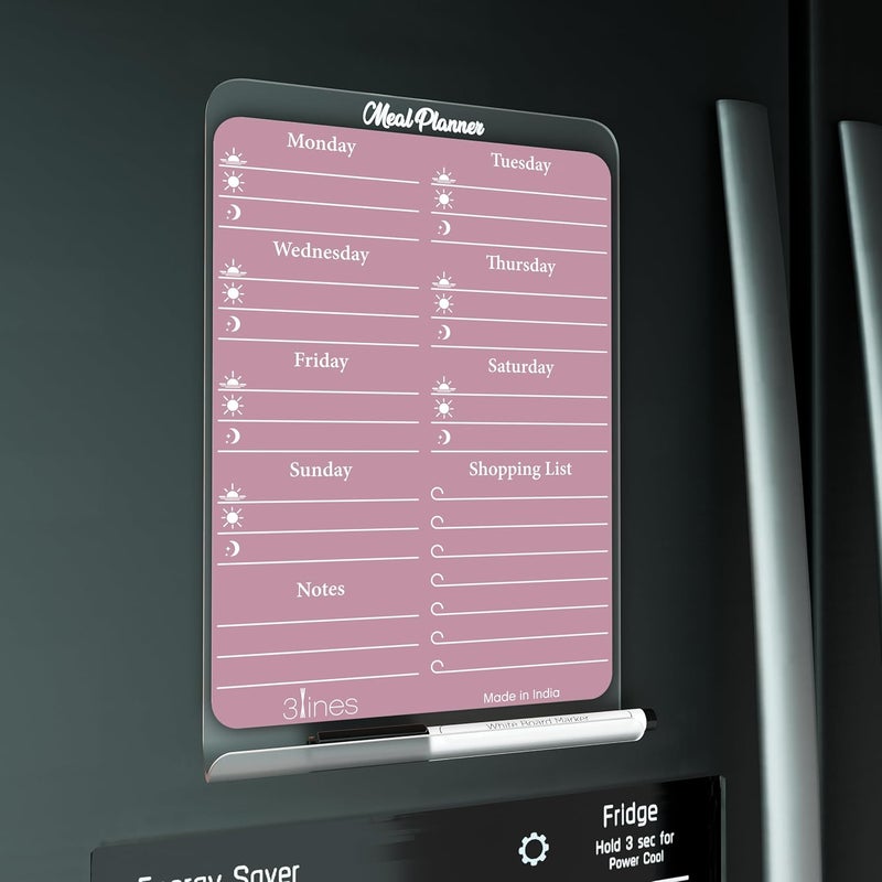 3 Lines ClearBite Acrylic Magnetic Meal Planner Board | Sleek & Durable | Includes Marker & Duster | 24x16 CM | Perfect for Meal Planning, Shopping Lists, Notes | Ideal for Home, Office | Plum - Image 1