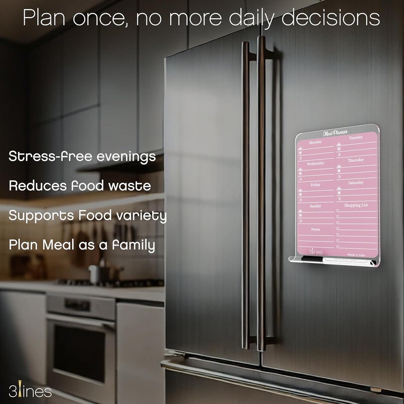 3 Lines ClearBite Acrylic Magnetic Meal Planner Board | Sleek & Durable | Includes Marker & Duster | 24x16 CM | Perfect for Meal Planning, Shopping Lists, Notes | Ideal for Home, Office | Plum - Image 2