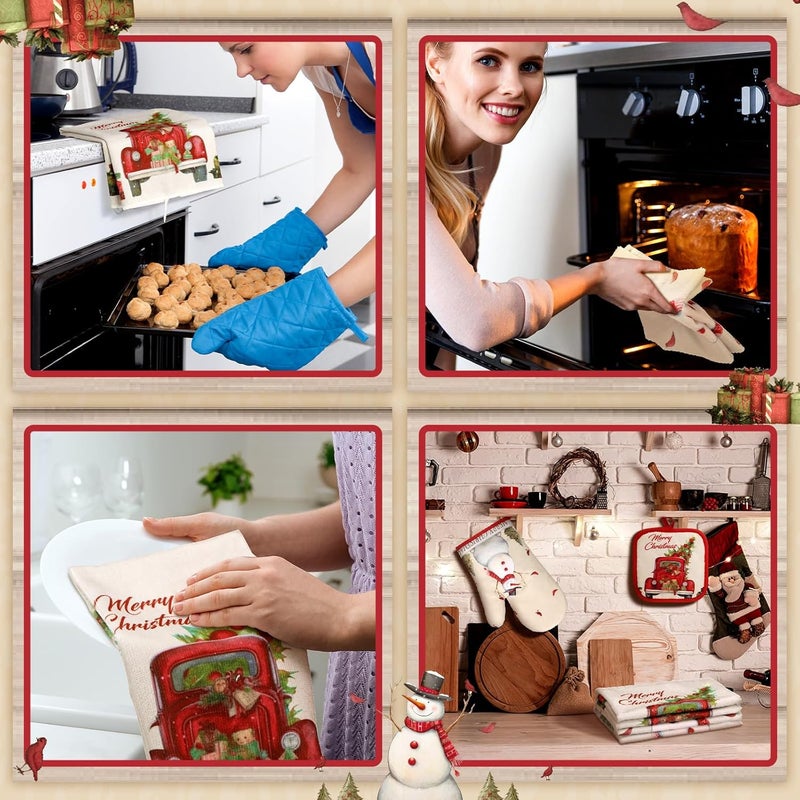 Jingmore مجموعة ديكور مطبخ عيد الميلاد 6 قطع من مناديل المطبخ وشوكة الفرن وحوامل الأواني بتصميم شجرة عيد الميلاد وشاحنة - Image 5