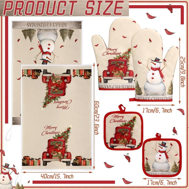 Jingmore مجموعة ديكور مطبخ عيد الميلاد 6 قطع من مناديل المطبخ وشوكة الفرن وحوامل الأواني بتصميم شجرة عيد الميلاد وشاحنة - Image 4