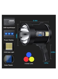 Y&D Rechargeable Spotlight, 100000 Lumens Led Spot Lights Handheld Large Flashlight Super Bright Outdoor Solar Spotlights Searchlight with Cob Light, 6 Modes, IPX5 Waterproof (Black)  - Image 3
