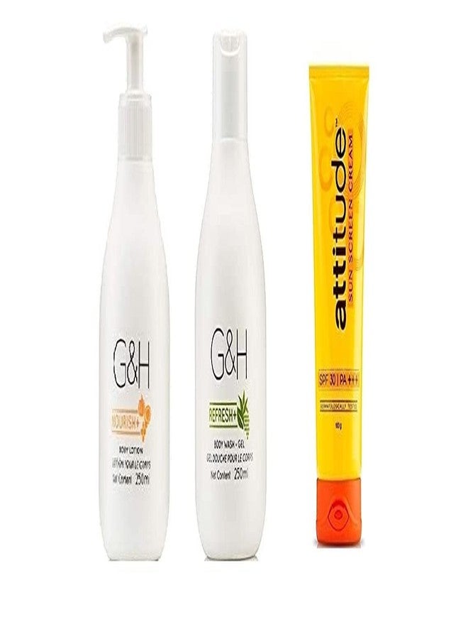 Amway - g&h refresh+ body wash gel - 250 ml g&h nourish+ body lotion - 250 ml and attitude sunscreen cream - 100g COMBO PACK and colourful hair/head band - COMBO - Image 1