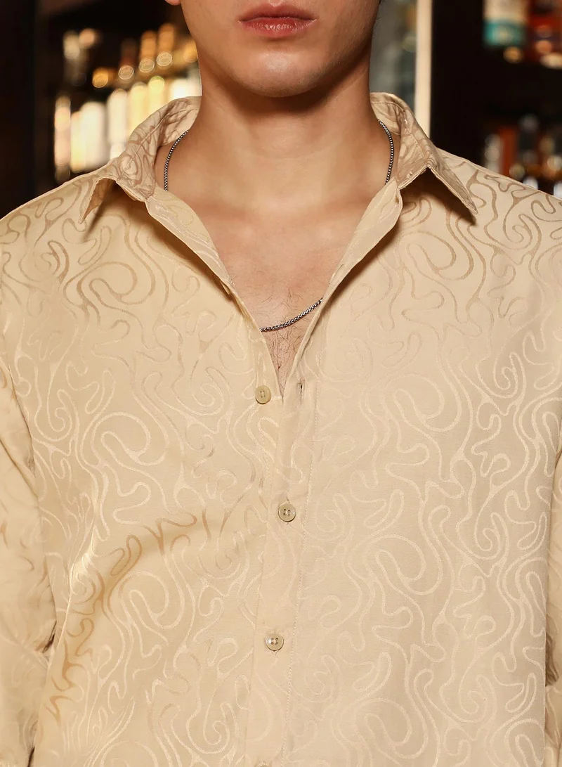 Campus Sutra Campus Sutra Men's Ecru Beige Abstract-Lined Jacquard Shirt | Spread Collar , Long  Cuffed Sleeves , Button Closure | Solid Jacquard | Cotton-Blend Shirt For Casual Wear
