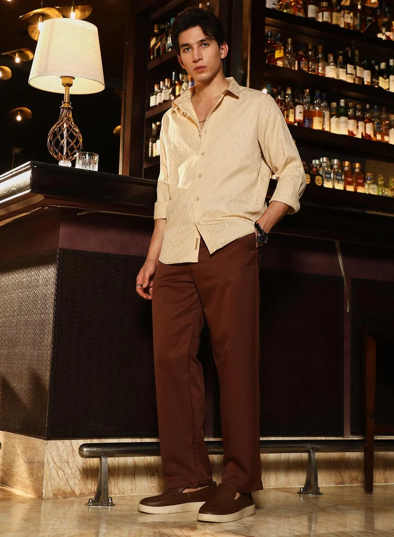 Campus Sutra Campus Sutra Men's Ecru Beige Abstract-Lined Jacquard Shirt | Spread Collar , Long  Cuffed Sleeves , Button Closure | Solid Jacquard | Cotton-Blend Shirt For Casual Wear
