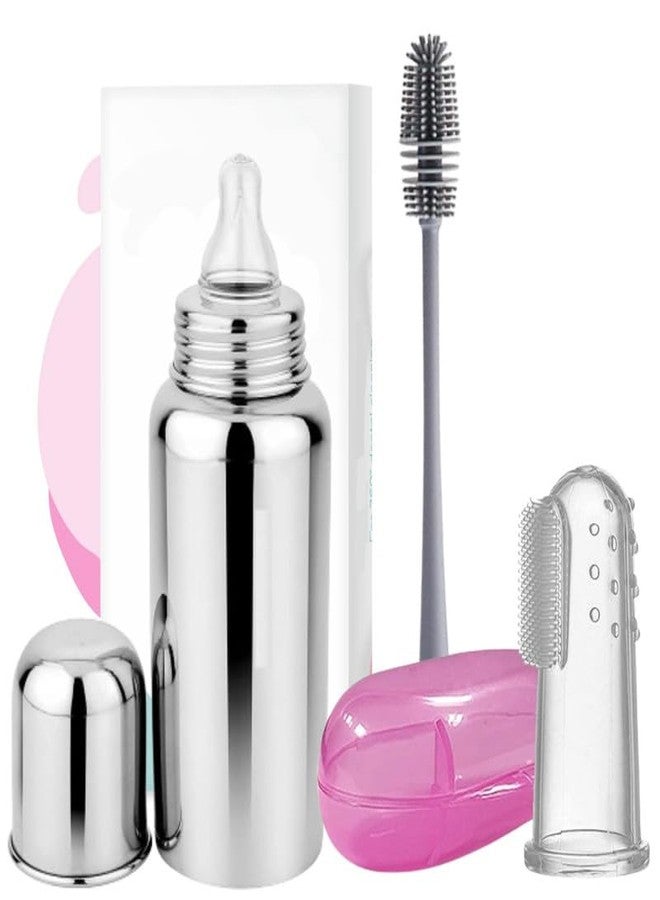 DECRONICS Baby Care Combo Pack of Stainless Steel Baby Feeding Milk Nipple Bottle (250 ML) | Bottle Cleaning Brush |Soft Silicon Finger Toothbrush (Set of 3 Items), DCS0129 - Image 1