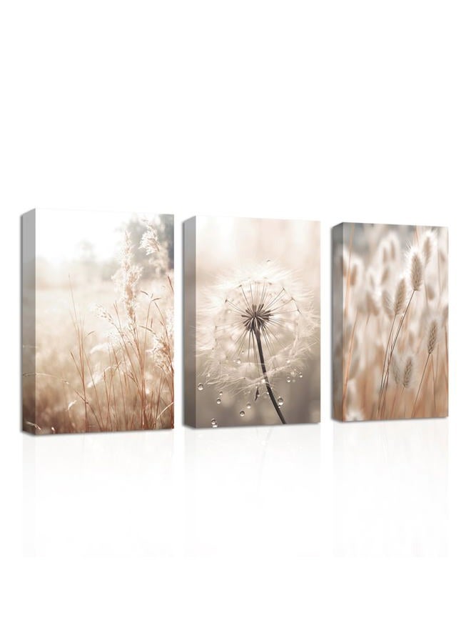 CXHOSTENT Dandelion Canvas Wall Art 3 Piece Beige Botanical Dandelion Reed Grass Painting Prints Nordic Posters Nature Plant Wildflower Picture (Nature-2, 11.00"x14.00"x3P) - Image 1