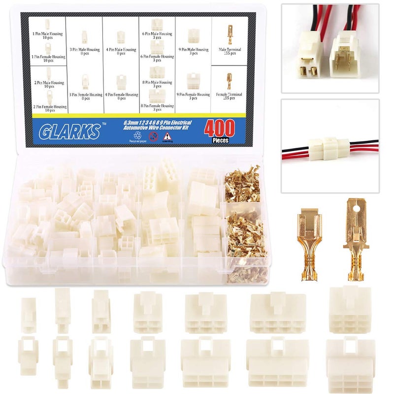 Glarks 400Pcs 6.3mm 1 2 3 4 6 8 9 Pin Electrical Automotive Wire Connector Male Female Socket Plug and Pin Header Crimp Wire Terminals Kit for Motorcycle, Bike, Car, Boats - Image 1