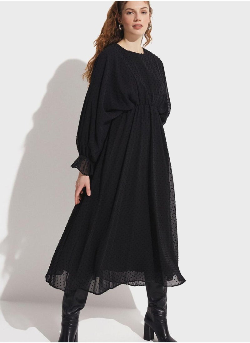 JUNE Textured Balloon Sleeve Dress - Image 1