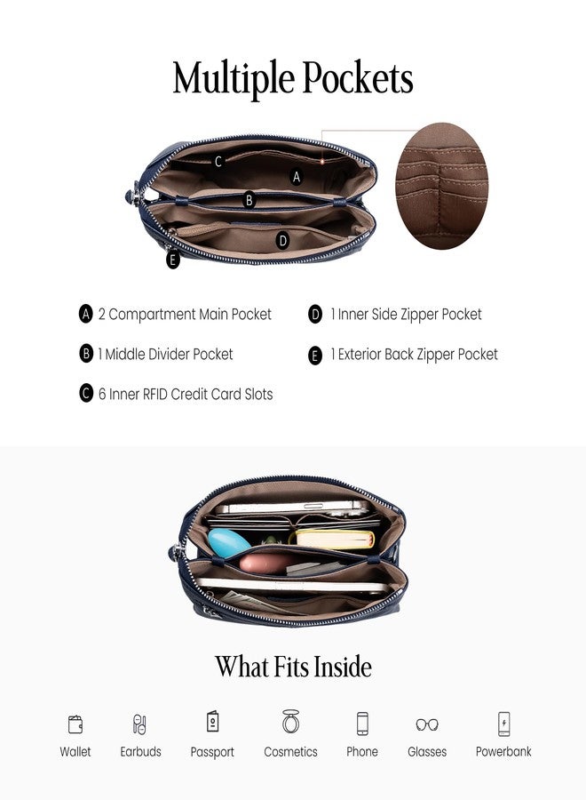 بيفن حقائب كروس بودي جلدية أصلية من بيفين للنساء، حقائب كروس بودي جلدية صغيرة مزودة بتقنية RFID، لون أزرق داكن، تصميم كلاسيكي - Image 4