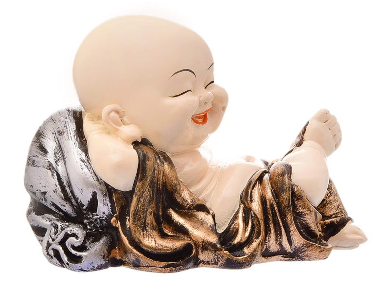 Karigaari India Handcrafted Resine Little Sleeping Laughing Buddha Monk with Potli Sculpture | Showpiece for Home Décor and Office, Brown - Image 3