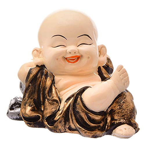 Karigaari India Handcrafted Resine Little Sleeping Laughing Buddha Monk with Potli Sculpture | Showpiece for Home Décor and Office, Brown - Image 2
