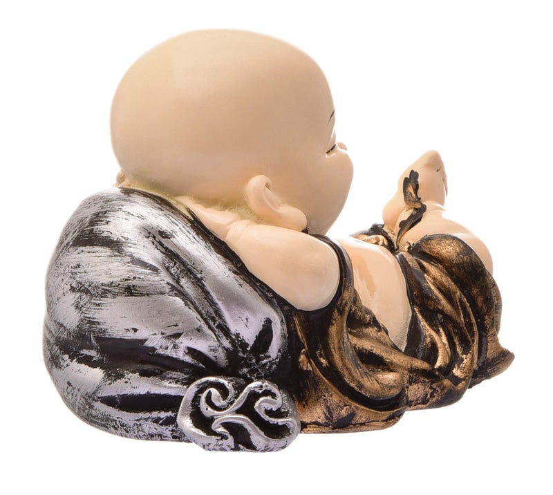 Karigaari India Handcrafted Resine Little Sleeping Laughing Buddha Monk with Potli Sculpture | Showpiece for Home Décor and Office, Brown - Image 4