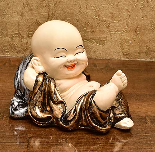 Karigaari India Handcrafted Resine Little Sleeping Laughing Buddha Monk with Potli Sculpture | Showpiece for Home Décor and Office, Brown - Image 1