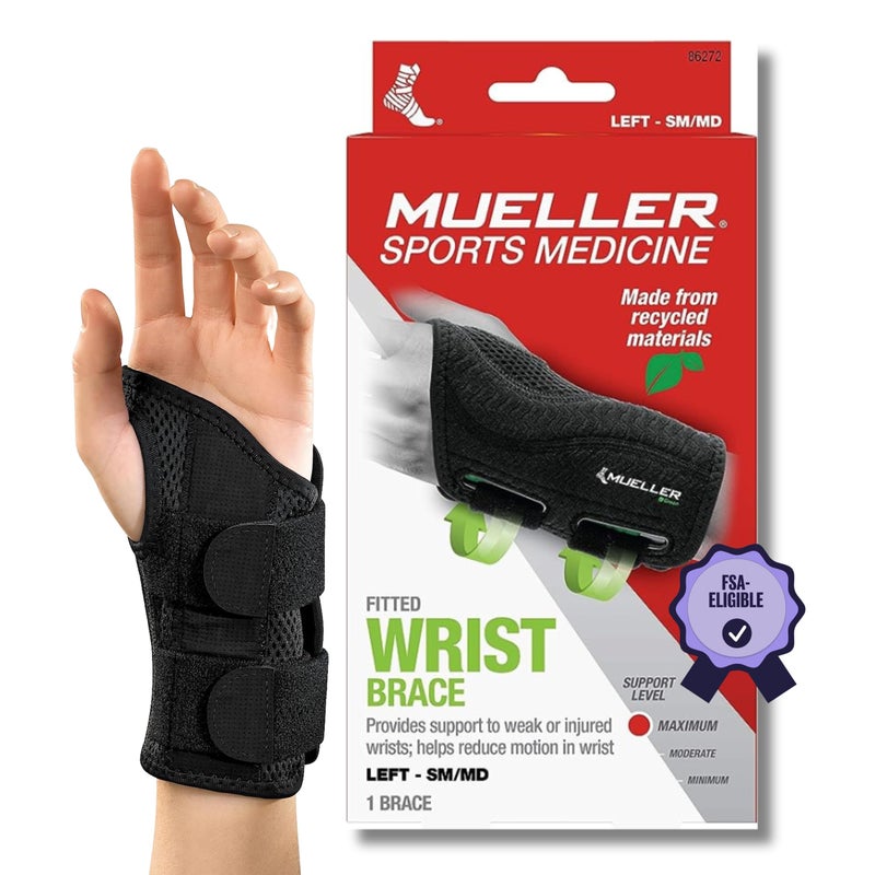 MUELLER Sports Medicine Green Fitted Wrist Brace, Wrist Pain Relief Support for Men and Women, Ideal for Carpal Tunnel, Tendinitis, Arthritis, Left Hand, Black, Small/Medium - Image 1