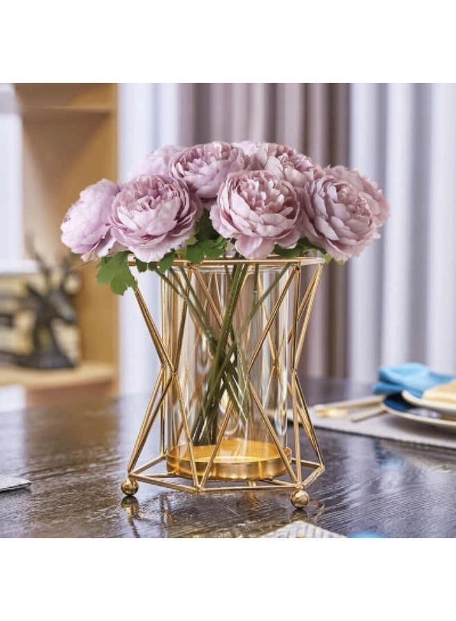 OLUDENIZ Luxury Metal & Glass Flower Vase with Artificial Peony Arrangement - Elegant Modern Table Decor Vase - Image 3