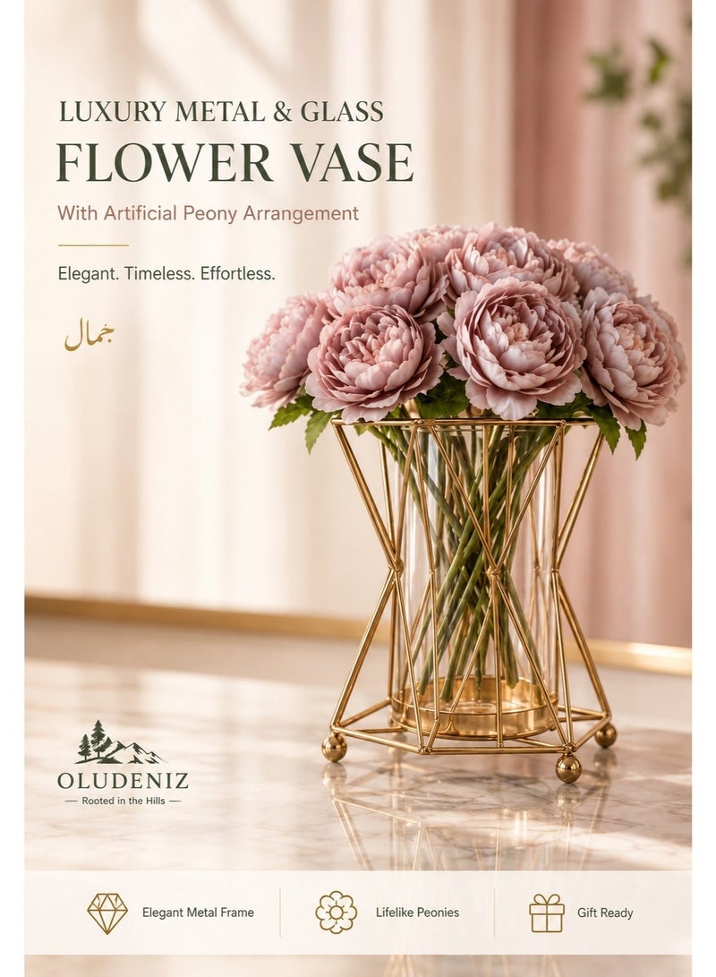 OLUDENIZ Luxury Metal & Glass Flower Vase with Artificial Peony Arrangement - Elegant Modern Table Decor Vase - Image 1