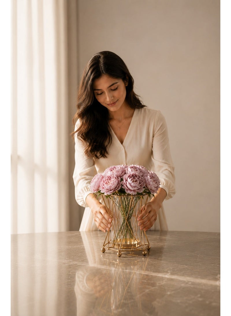 OLUDENIZ Luxury Metal & Glass Flower Vase with Artificial Peony Arrangement - Elegant Modern Table Decor Vase - Image 2