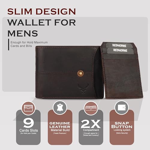 REDHORNS Genuine Leather Wallet for Men | RFID Protected Mens Wallet with 9 Credit/Debit Card Slots | Slim Napa Leather Purse for Men (Chocolate Brown) - Image 2