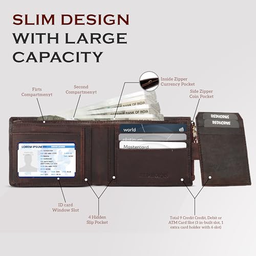 REDHORNS Genuine Leather Wallet for Men | RFID Protected Mens Wallet with 9 Credit/Debit Card Slots | Slim Napa Leather Purse for Men (Chocolate Brown) - Image 3
