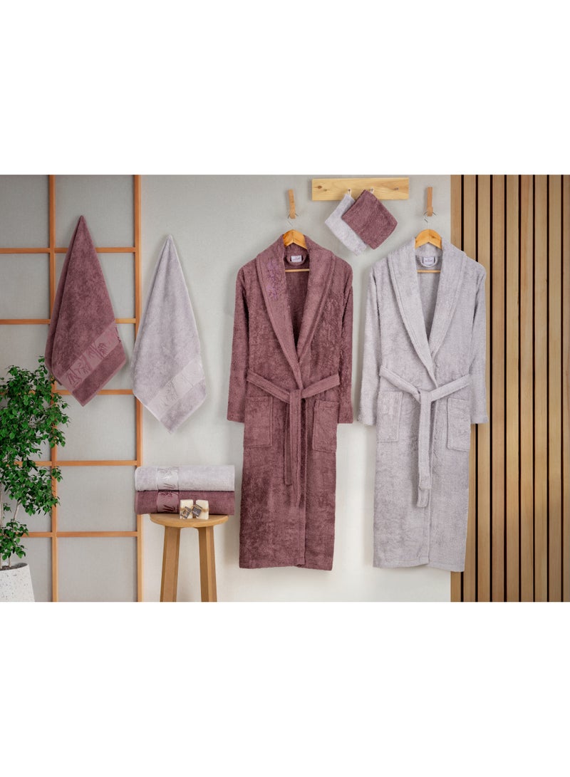 نورباك طقم مناشف تركي من القطن من الخيزران مكون من 10 قطع كهدية للزوجين، بما في ذلك مناشف حمام فاخرة للرجال والنساء، مقاس 90×145 سم، أردية حمام، مناشف يد، قفازات حمام، طقم هدايا لحفلات الزفاف، رمادي/أرجواني - Image 1