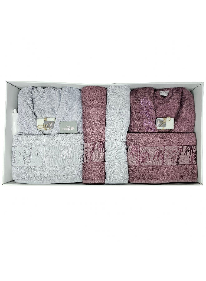 نورباك طقم مناشف تركي من القطن من الخيزران مكون من 10 قطع كهدية للزوجين، بما في ذلك مناشف حمام فاخرة للرجال والنساء، مقاس 90×145 سم، أردية حمام، مناشف يد، قفازات حمام، طقم هدايا لحفلات الزفاف، رمادي/أرجواني - Image 3