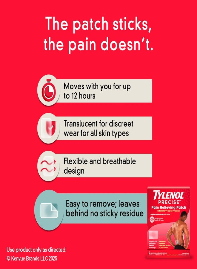 Tylenol لصقات تايلينول لتخفيف الألم الدقيقة، لصقات مسكنة موضعية كبيرة + أقصى قوة متاحة بدون وصفة طبية من ليدوكائين، تخفيف مستهدف مثالي لآلام الكتف والظهر والركبة، بدون رائحة، 2 قطعة - Image 4