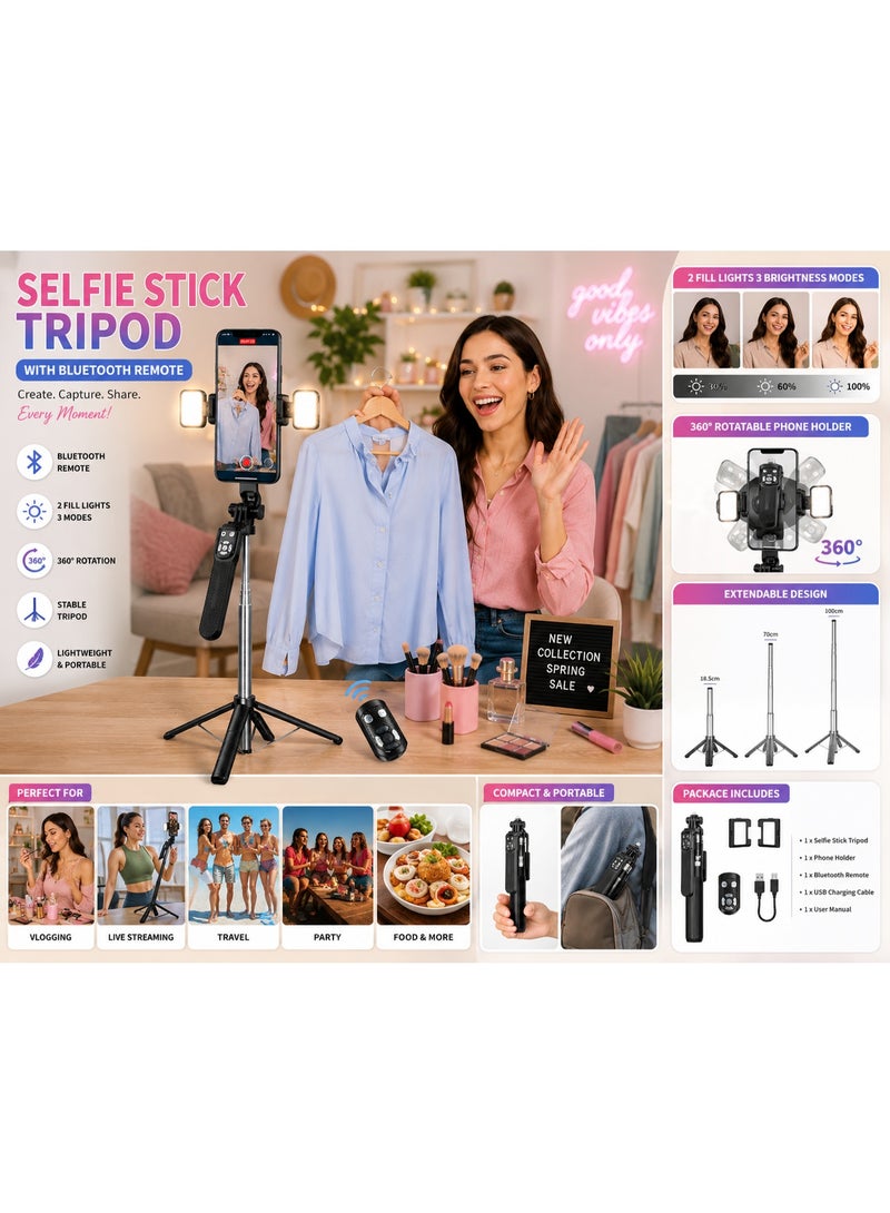 HMC Phone Selfie Stick with Bluetooth Remote, Extendable Tripod Stand, Dual Fill Lights for TikTok, Vlogging & Video Recording - Image 1