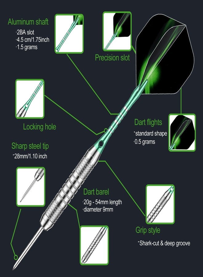 DARTSPACE 12 Pack Darts Metal Tip Set 22/24 Grams, Steel Tip Darts with Premium Black Green Aluminum Shafts, Extra 50 Rubber O-rings 6 Nylon Shafts 24 Flights 12 Spring Rings 16 Flights Protector 1 Tool Kit - Image 2