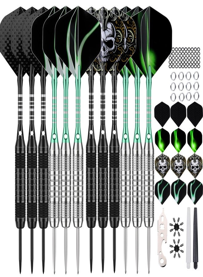DARTSPACE 12 Pack Darts Metal Tip Set 22/24 Grams, Steel Tip Darts with Premium Black Green Aluminum Shafts, Extra 50 Rubber O-rings 6 Nylon Shafts 24 Flights 12 Spring Rings 16 Flights Protector 1 Tool Kit - Image 1