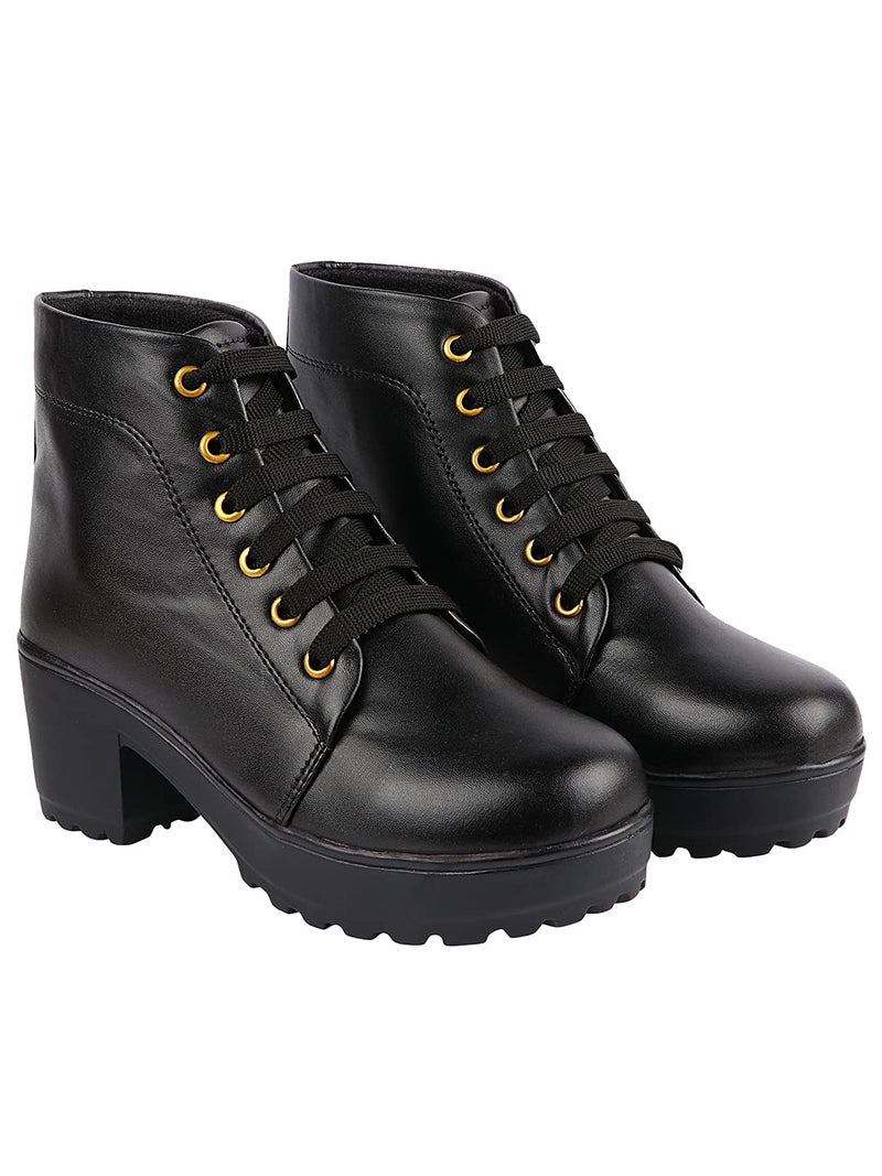 Shoetopia Womens/Girls Black Platform Heeled Classic Solid Boots - Image 1